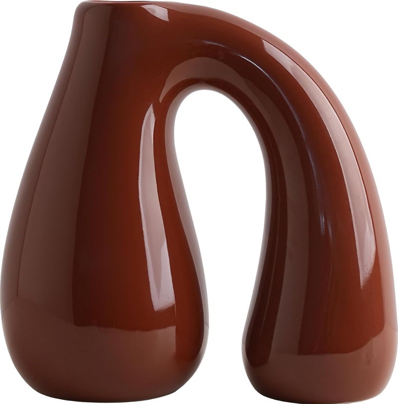 PROBENEX Brown Ceramic Decorative Pitcher Vase, 7.5 in – Glossy Sculptural Arch-Handle, Warm Earth-Tone Home Décor for Fresh or Dried Floral Arrangements, Table/Shelf/Entryway, Giftable - Image 1